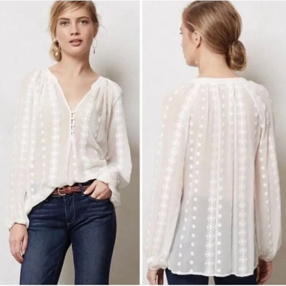 Zoa New York Neve Peasant Ivory Silk Sheer Embroidered Blouse Size S Boho Top